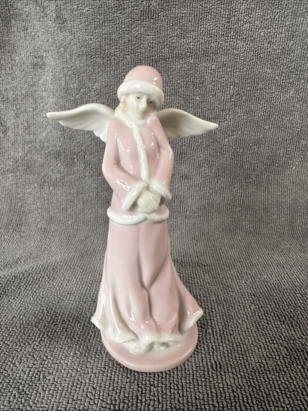 Vintage Russ Berrie Pink Porcelain Angel Figurine Victorian Winter Coat #22616